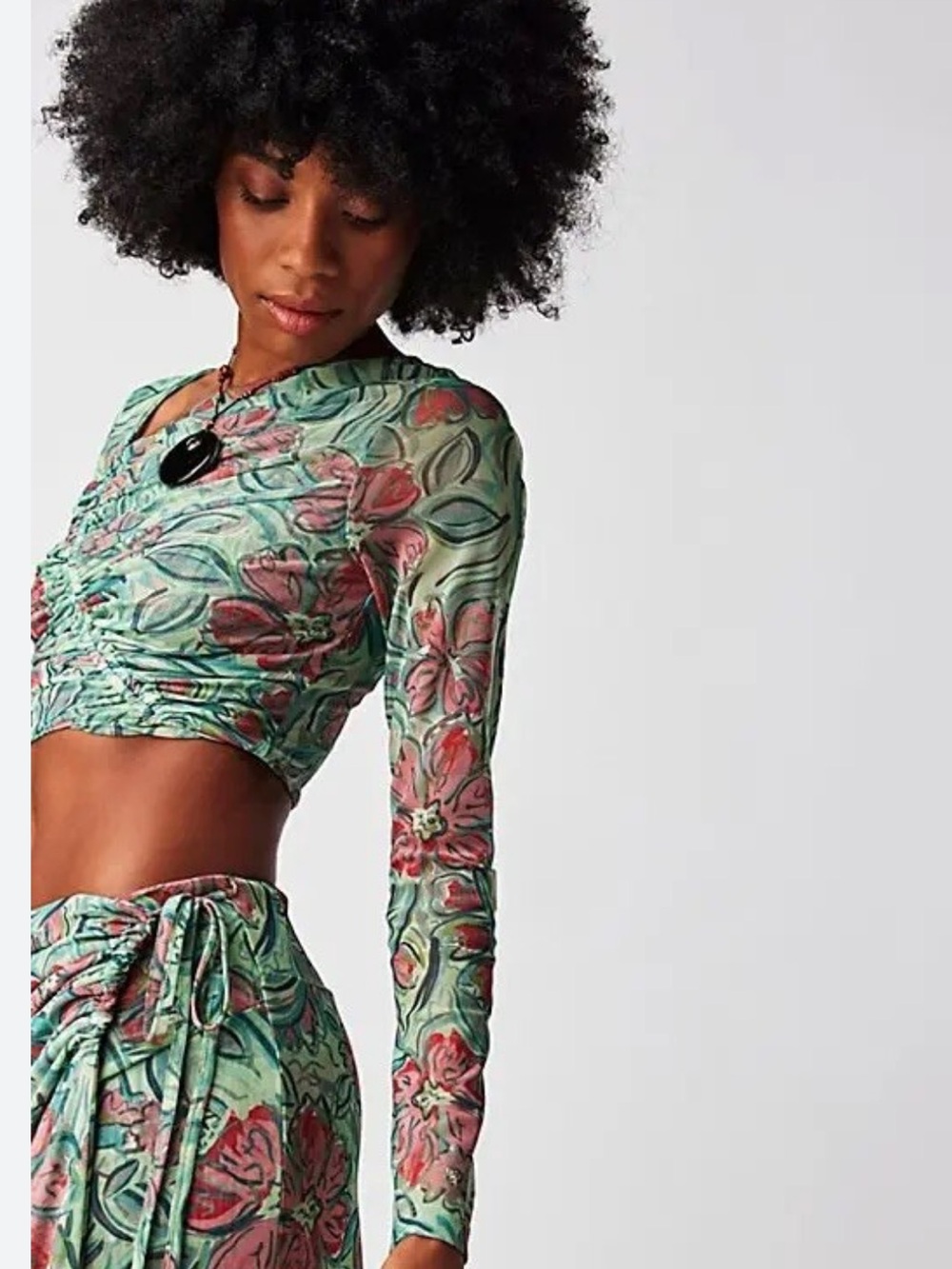 Free People Supernova Floral Ruched Long-Sleeve Crop Top